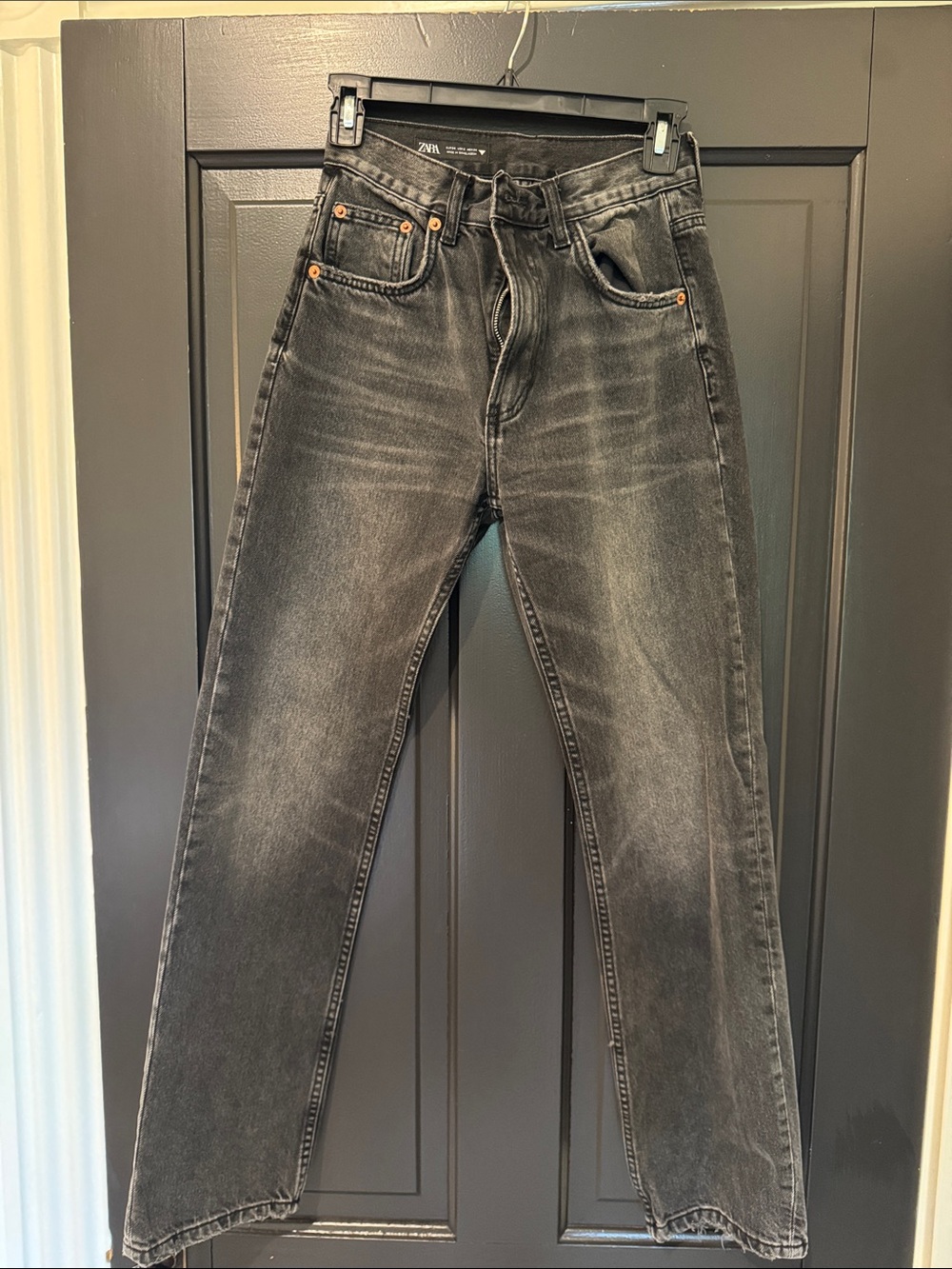Zara Black Washed Straight-Leg Jeans
